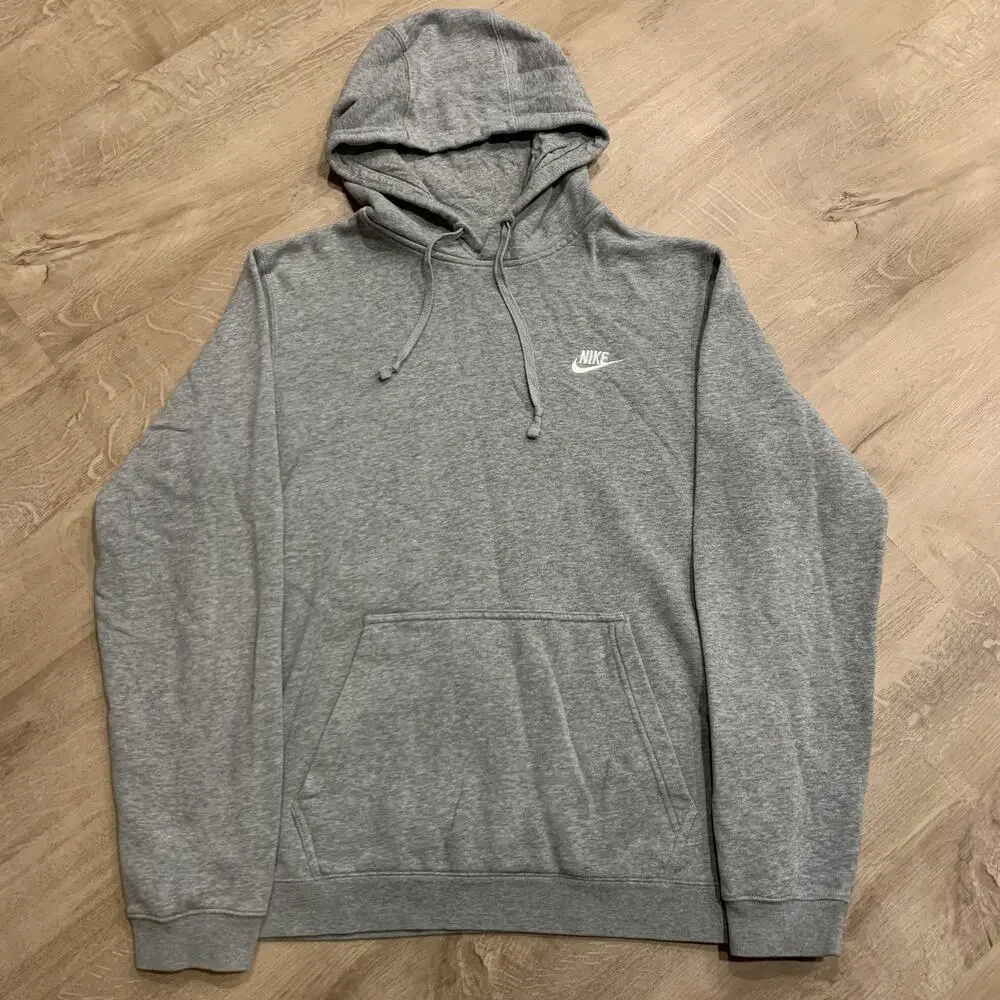 Nike Club Fleece Embroidered Swoosh Logo Hoodie Men's Medium M Gray Sweatshirt